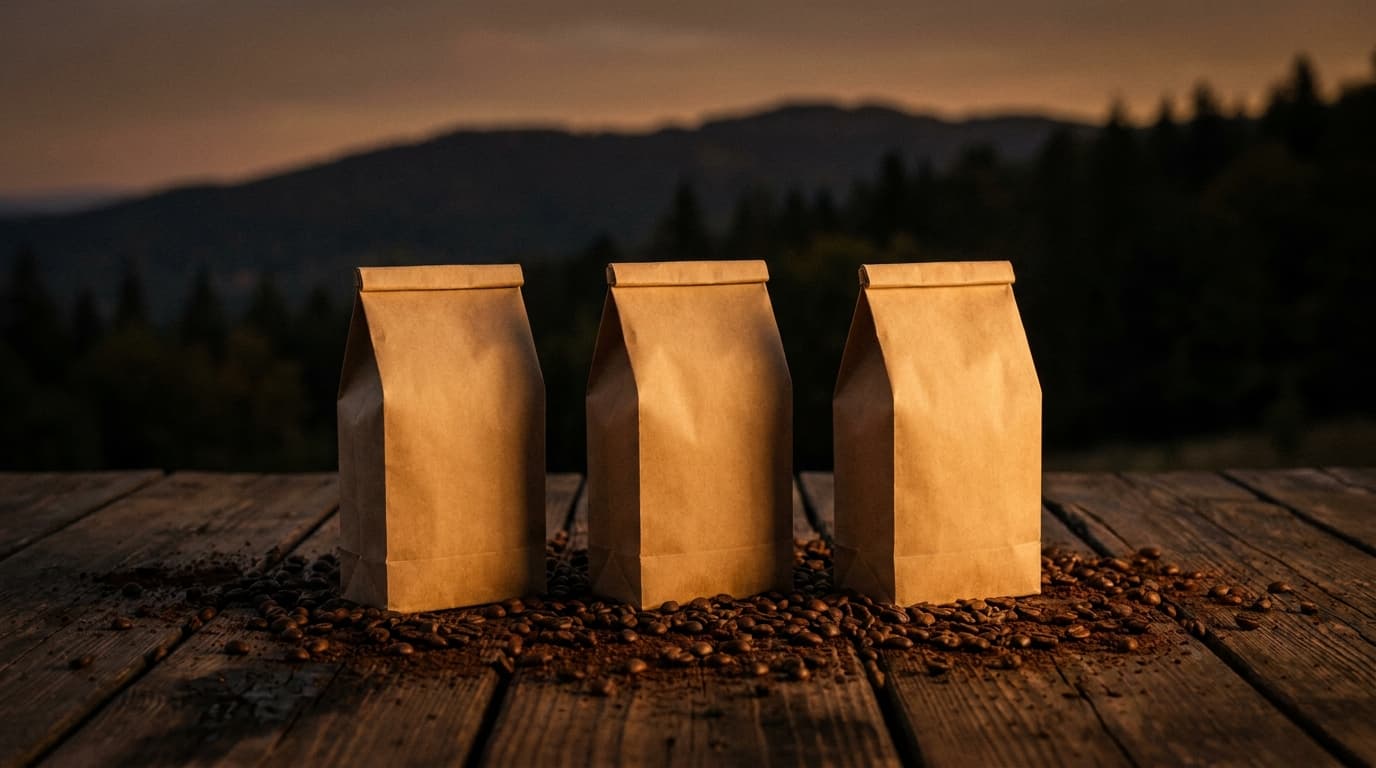 Drie sakke NOG Koffie op 'n houttafel, met die berge agter.