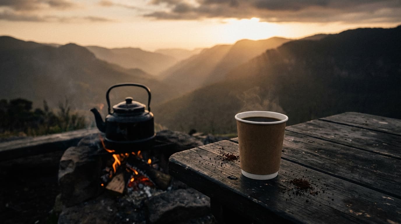 'n Beker koffie langs 'n swartketel op die kole, met die son wat oor die berge opkom.